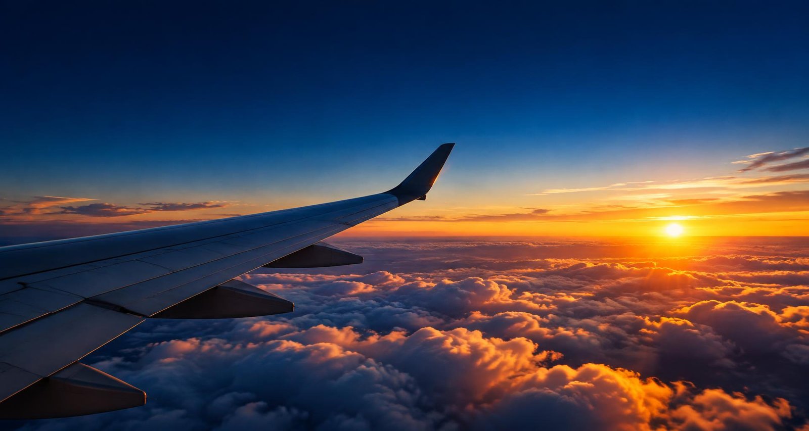 Ala de avión sobre las nubes al atardecer
