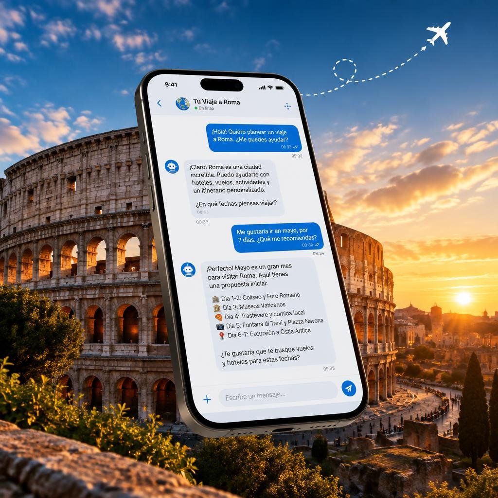 Chat de IA planificando un viaje a Roma frente al Coliseo